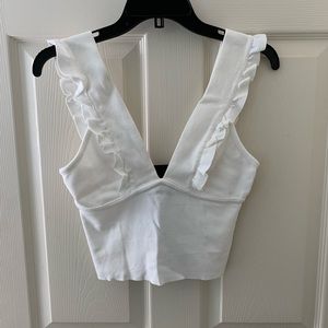 Zara White Knit Ruffle Cropped Tank Top